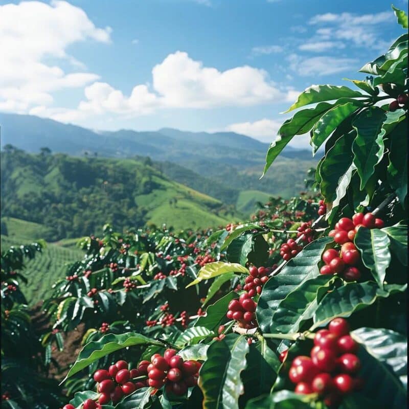 Coffee plants in a mountainous region showcasing unique terroir with ripe cherries