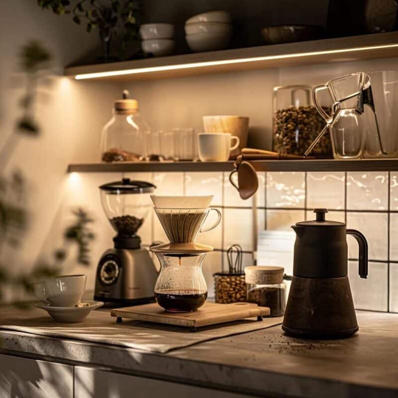 Pour-over coffee brewing setup with V60 dripper and freshly ground coffee in a cozy kitchen