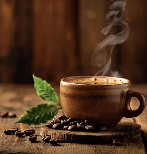 A steaming cup of single origin coffee on a wooden table with coffee beans and a plant in the background