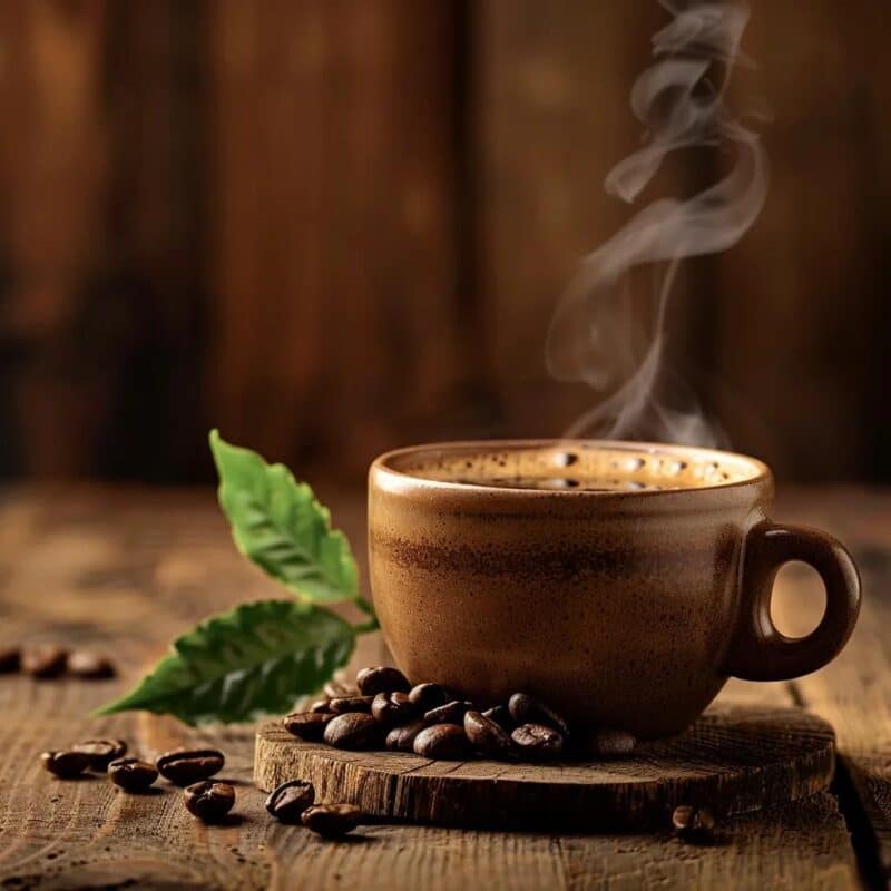 A steaming cup of single origin coffee on a wooden table with coffee beans and a plant in the background