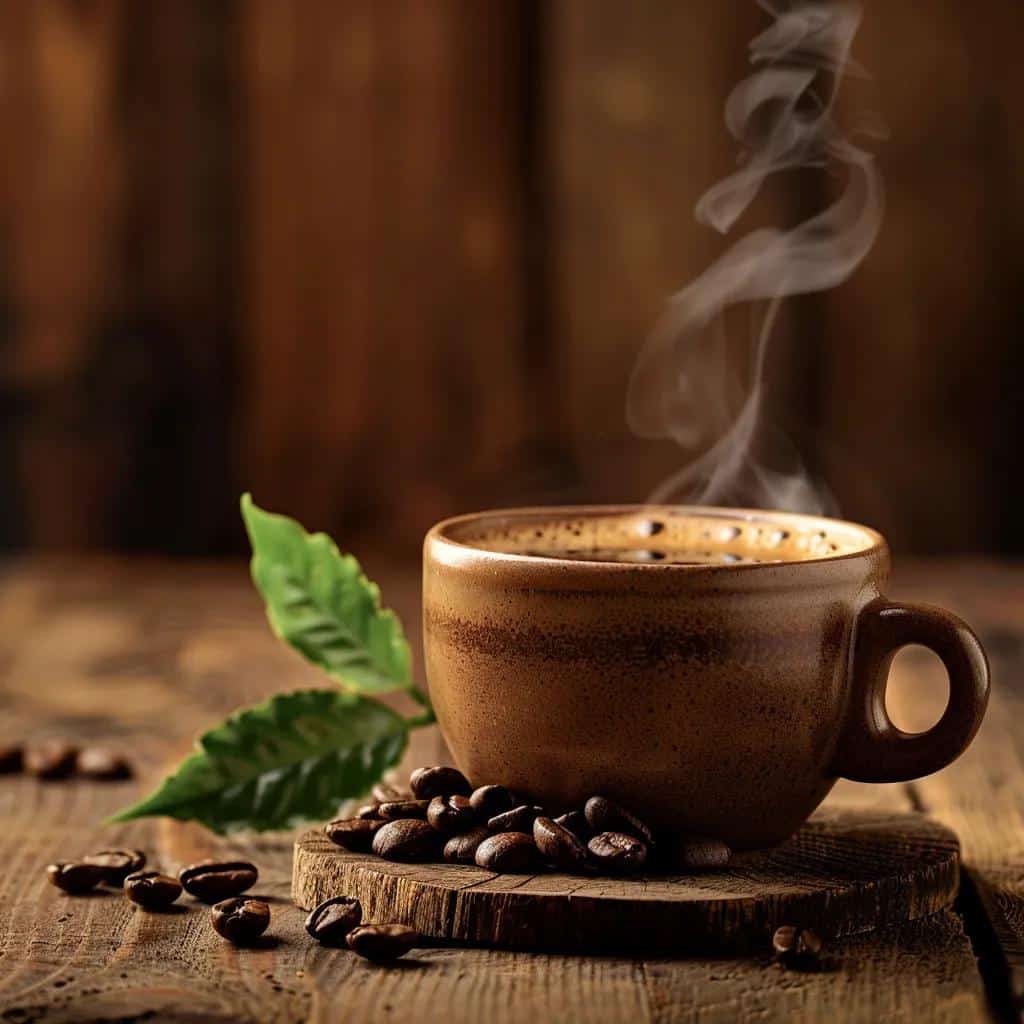 A steaming cup of single origin coffee on a wooden table with coffee beans and a plant in the background